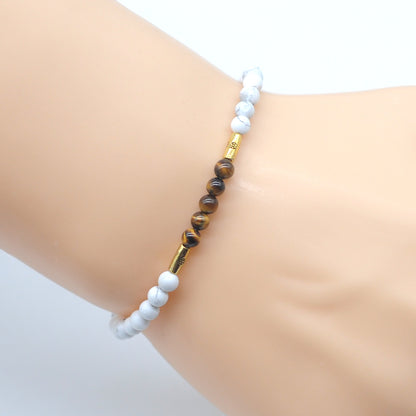 CGB977 White Howlite & Yellow Tiger Eye Beaded Stretch Bracelet Round 4mm