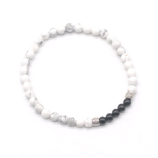 CGB978 White Howlite & Black Onyx Beaded Stretch Bracelet Round 4mm