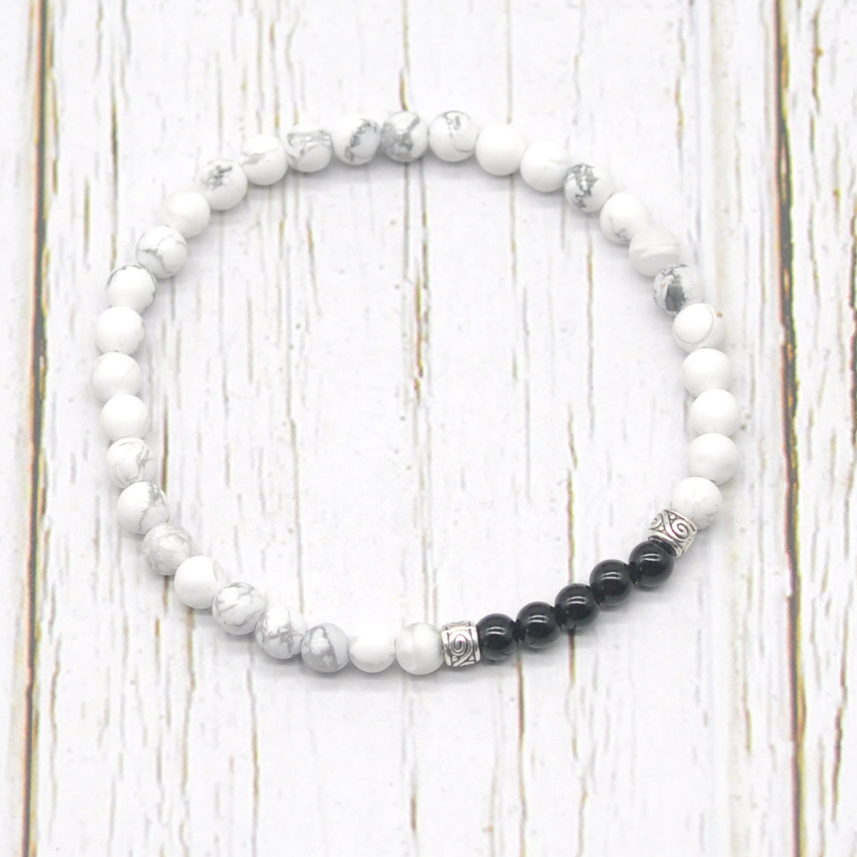 CGB978 White Howlite & Black Onyx Beaded Stretch Bracelet Round 4mm