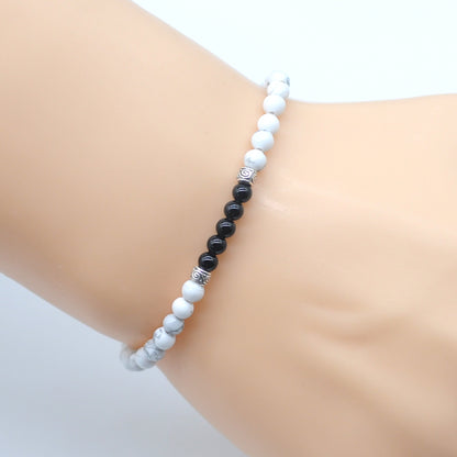 CGB978 White Howlite & Black Onyx Beaded Stretch Bracelet Round 4mm