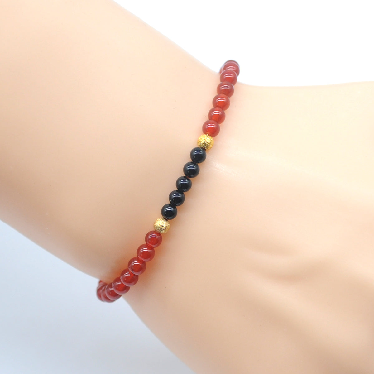 CGB979 Red Agate & Black Onyx Beaded Stretch Bracelet Round 4mm