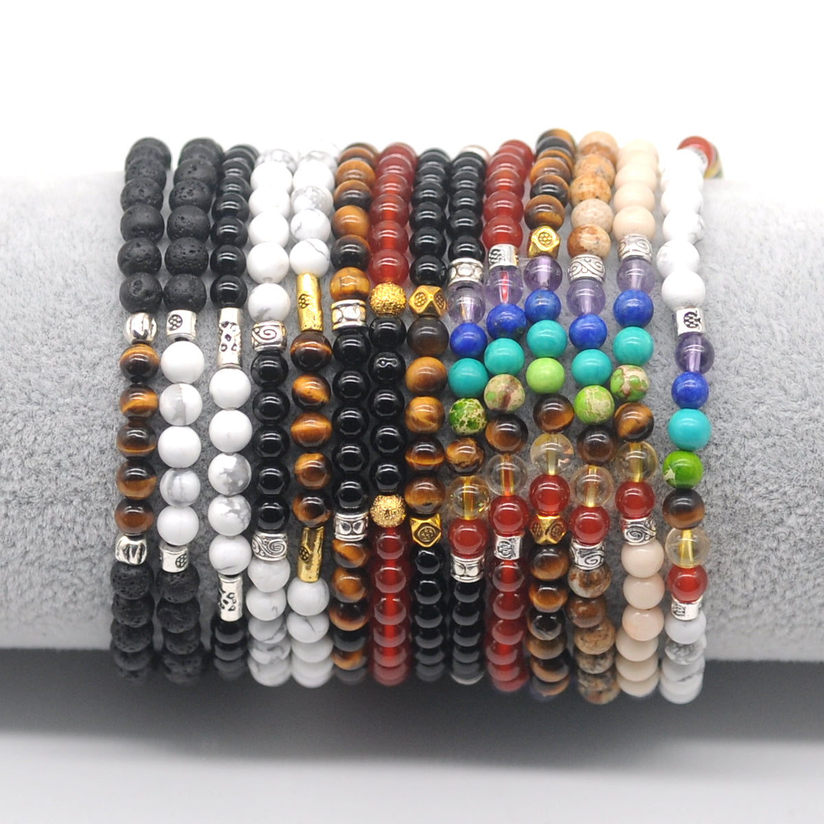 CGB965 Black Onyx With 7 Chakra Stretch Bracelet Round 4mm