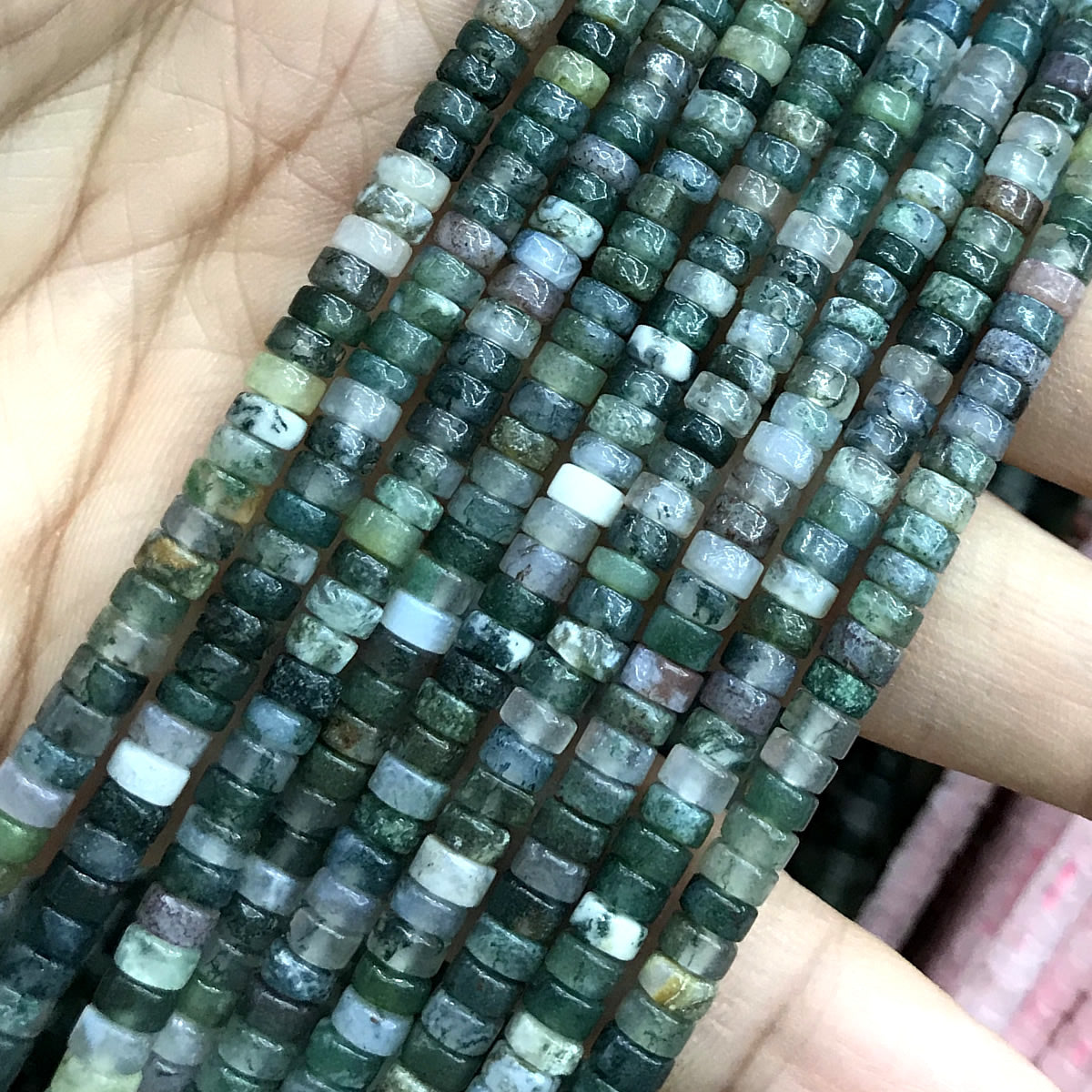 CHS11 Moss Agate Beads Smooth Heishi 2x4mm 15" Strand