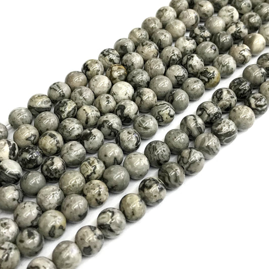 CJP383 Grey Picture Jasper Beads Smooth Round 6mm 15" Strand