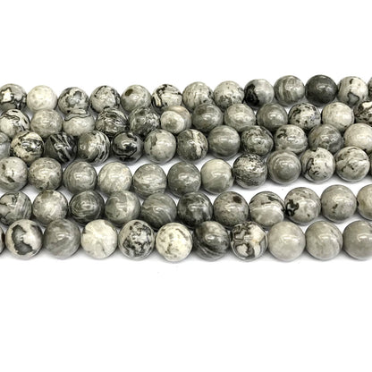 CJP384 Grey Picture Jasper Beads Smooth Round 8mm 15" Strand