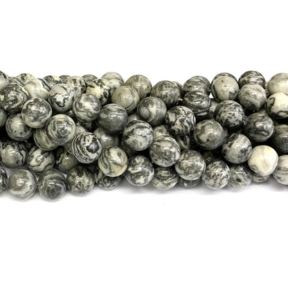 CJP385 Grey Picture Jasper Beads Smooth Round 10mm 15" Strand