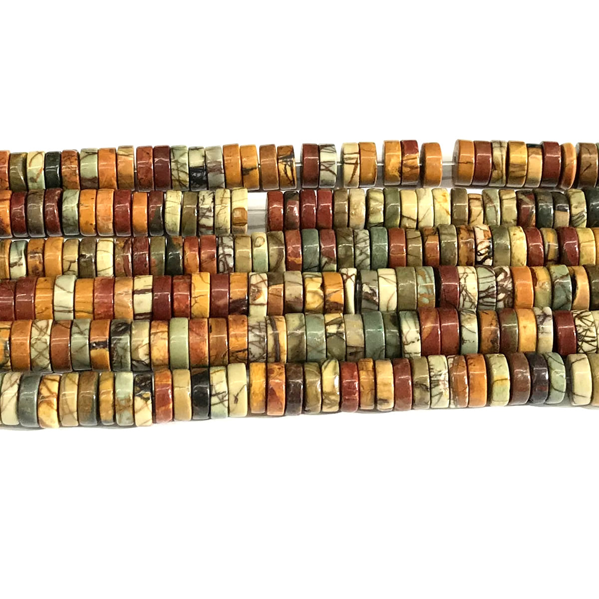 CJP622 Picasso Jasper Beads Smooth Heishi 3x8mm 15" Strand