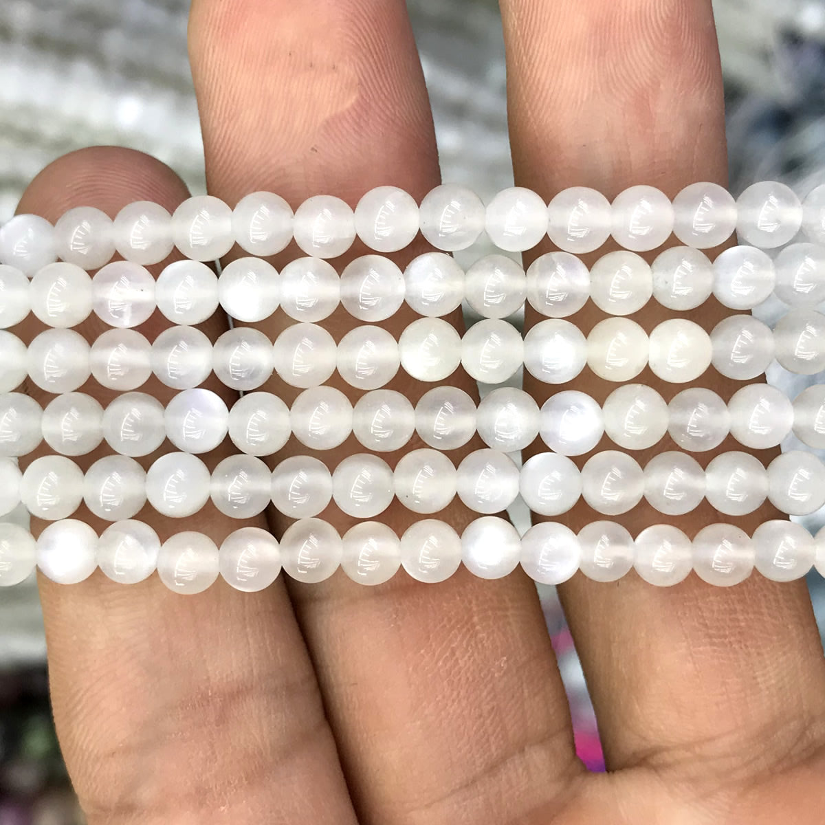 CMS145 White Moonstone Beads Smooth Round 4mm 15" Strand