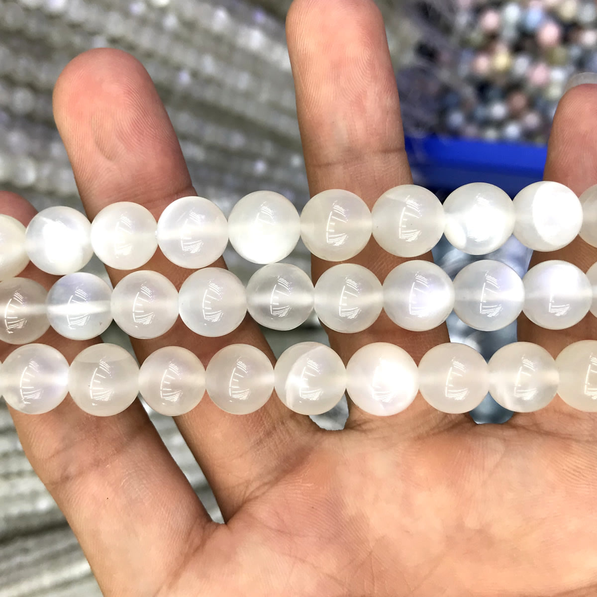 CMS148 White Moonstone Beads Smooth Round 10mm 15" Strand