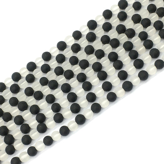 CQU190 Black Onyx & Clear Quartz Beads Matte Round 6mm 15.5" Strand