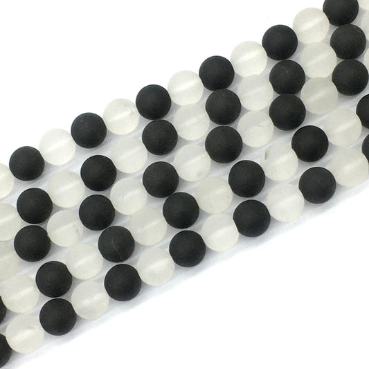 CQU192 Black Onyx & Clear Quartz Beads Matte Round 10mm 15.5" Strand