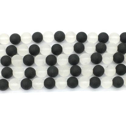 CQU192 Black Onyx & Clear Quartz Beads Matte Round 10mm 15.5" Strand