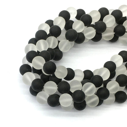 CQU192 Black Onyx & Clear Quartz Beads Matte Round 10mm 15.5" Strand