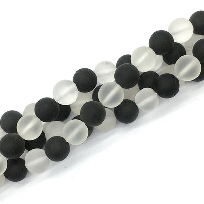 CQU193 Black Onyx & Clear Quartz Beads Matte Round 12mm 15.5" Strand