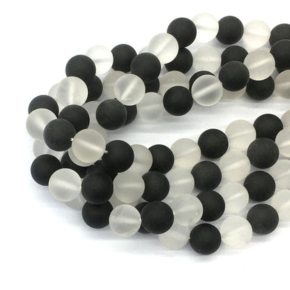 CQU193 Black Onyx & Clear Quartz Beads Matte Round 12mm 15.5" Strand