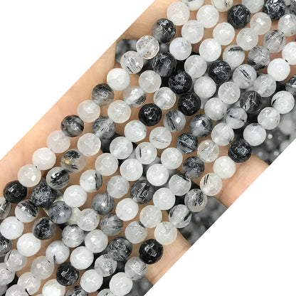 CQU211 Black Rutilated Quartz Beads Faceted Round 6mm 15" Strand