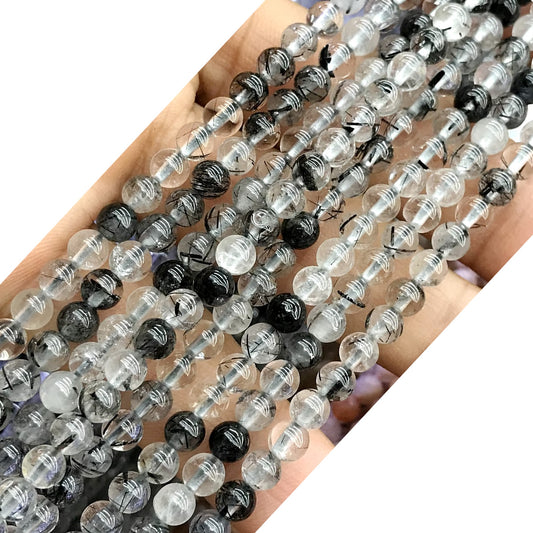 CQU218 Black Rutilated Quartz Beads Smooth Round 4mm 15.5" Strand