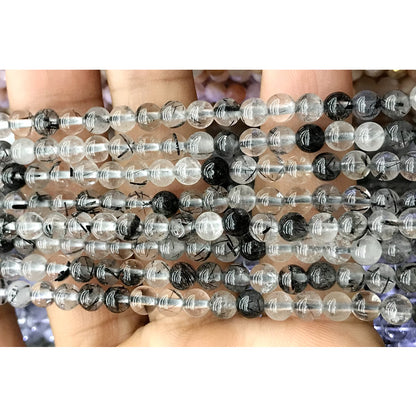 CQU218 Black Rutilated Quartz Beads Smooth Round 4mm 15.5" Strand