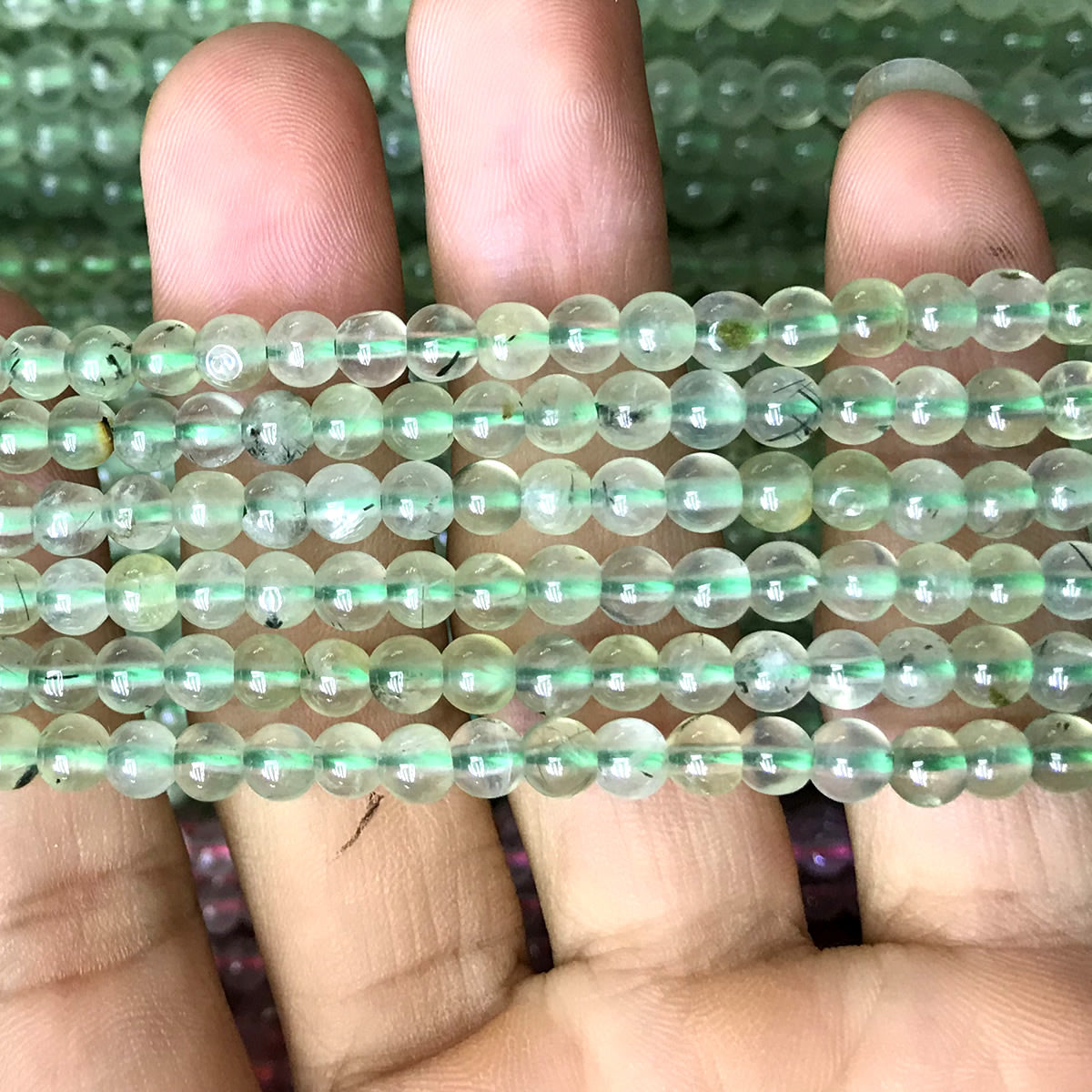 CQU350 Green Rutilated Quartz Beads Smooth Round 4mm 15" Strand