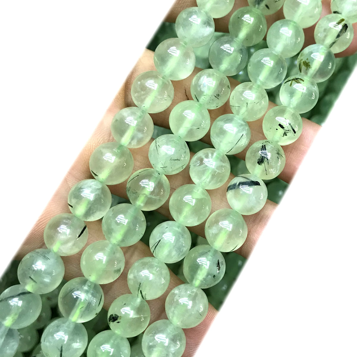 CQU352 Green Rutilated Quartz Beads Smooth Round 8mm 15" Strand