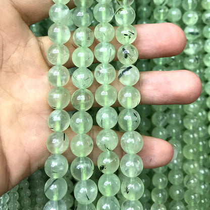 CQU352 Green Rutilated Quartz Beads Smooth Round 8mm 15" Strand