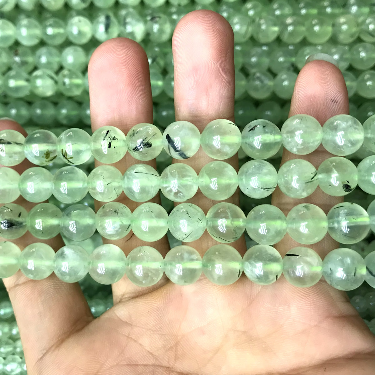 CQU352 Green Rutilated Quartz Beads Smooth Round 8mm 15" Strand