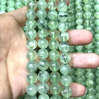 CQU353 Green Rutilated Quartz Beads Smooth Round 10mm 15" Strand