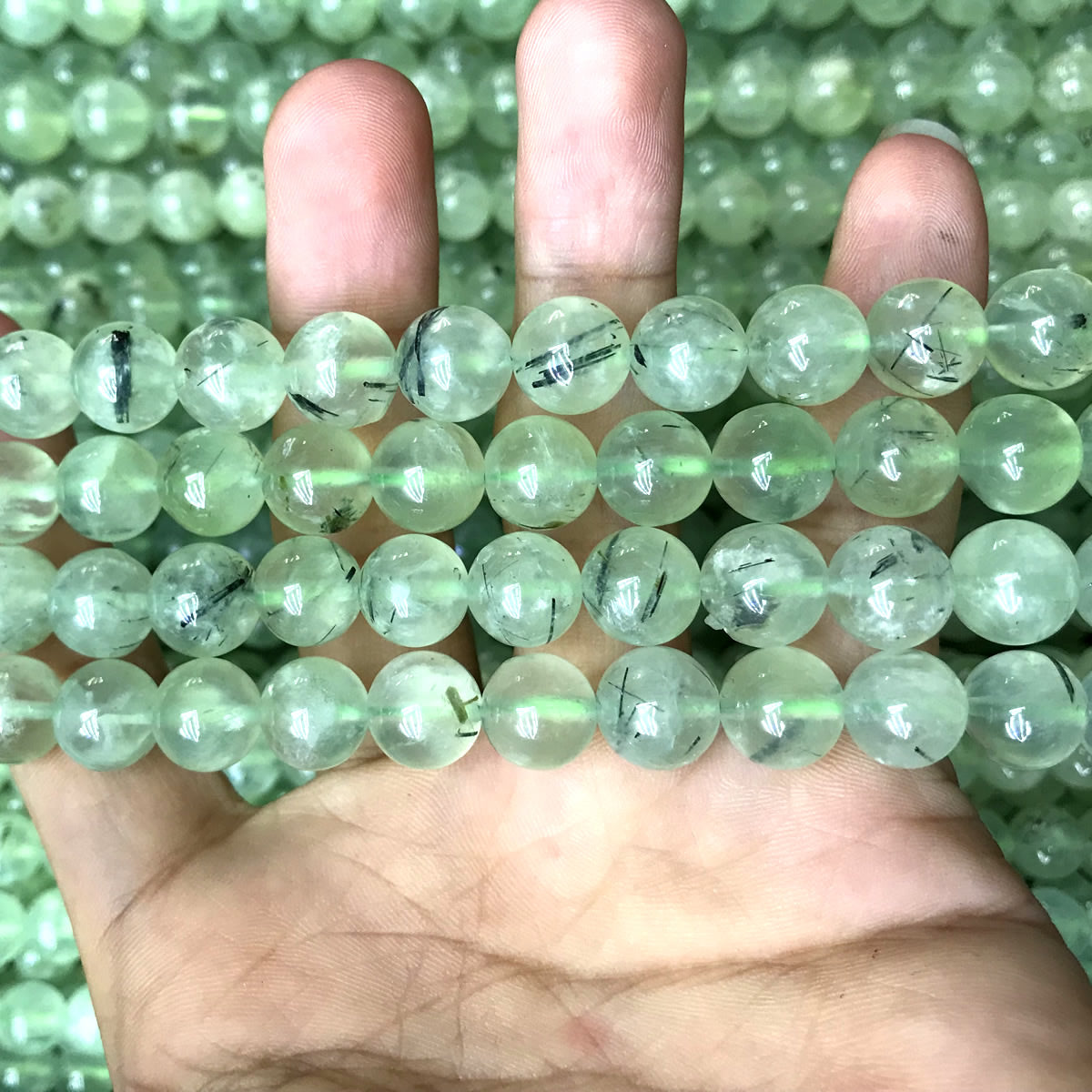 CQU353 Green Rutilated Quartz Beads Smooth Round 10mm 15" Strand