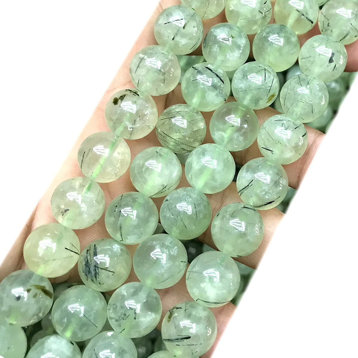 CQU354 Green Rutilated Quartz Beads Smooth Round 12mm 15" Strand