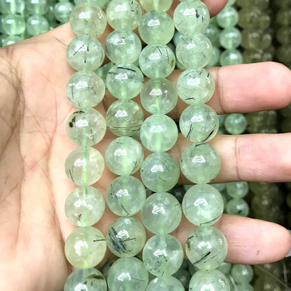 CQU354 Green Rutilated Quartz Beads Smooth Round 12mm 15" Strand