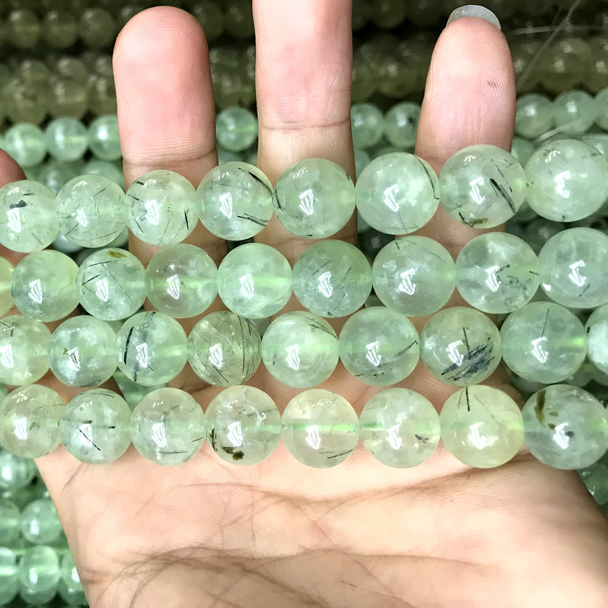 CQU354 Green Rutilated Quartz Beads Smooth Round 12mm 15" Strand