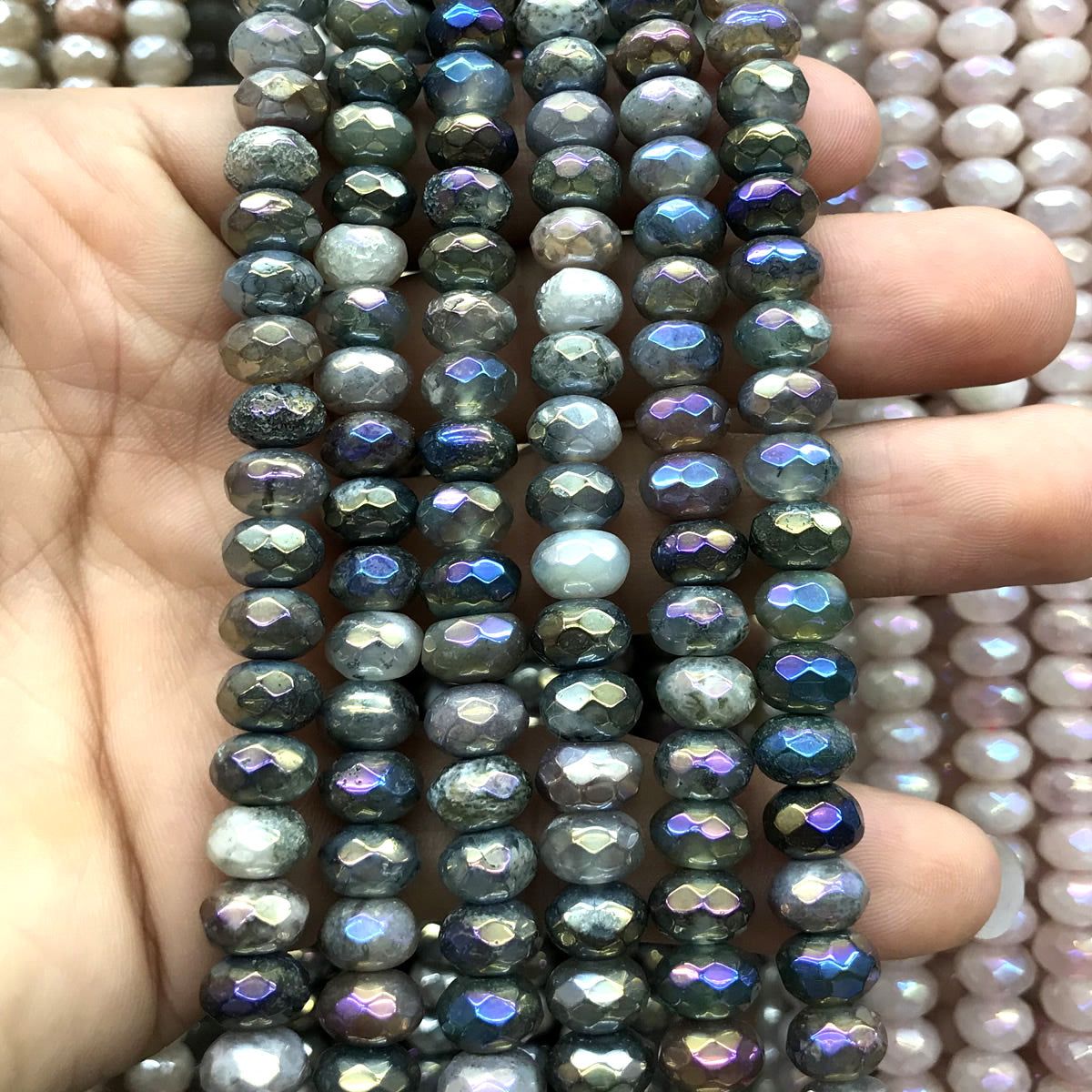 CRB10 Labradorite Beads AB-Color Electroplated Faceted Rondelle 5x8mm 15" Strand