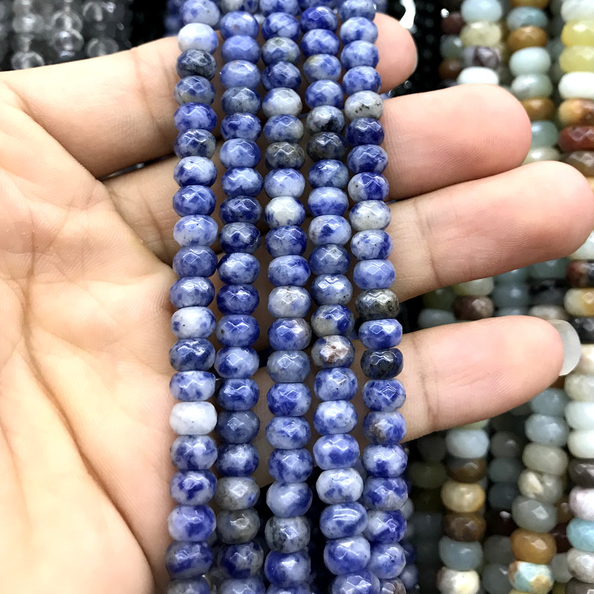 CRB120 Blue Spot Stone Beads Faceted Rondelle 4x6mm 15" Strand