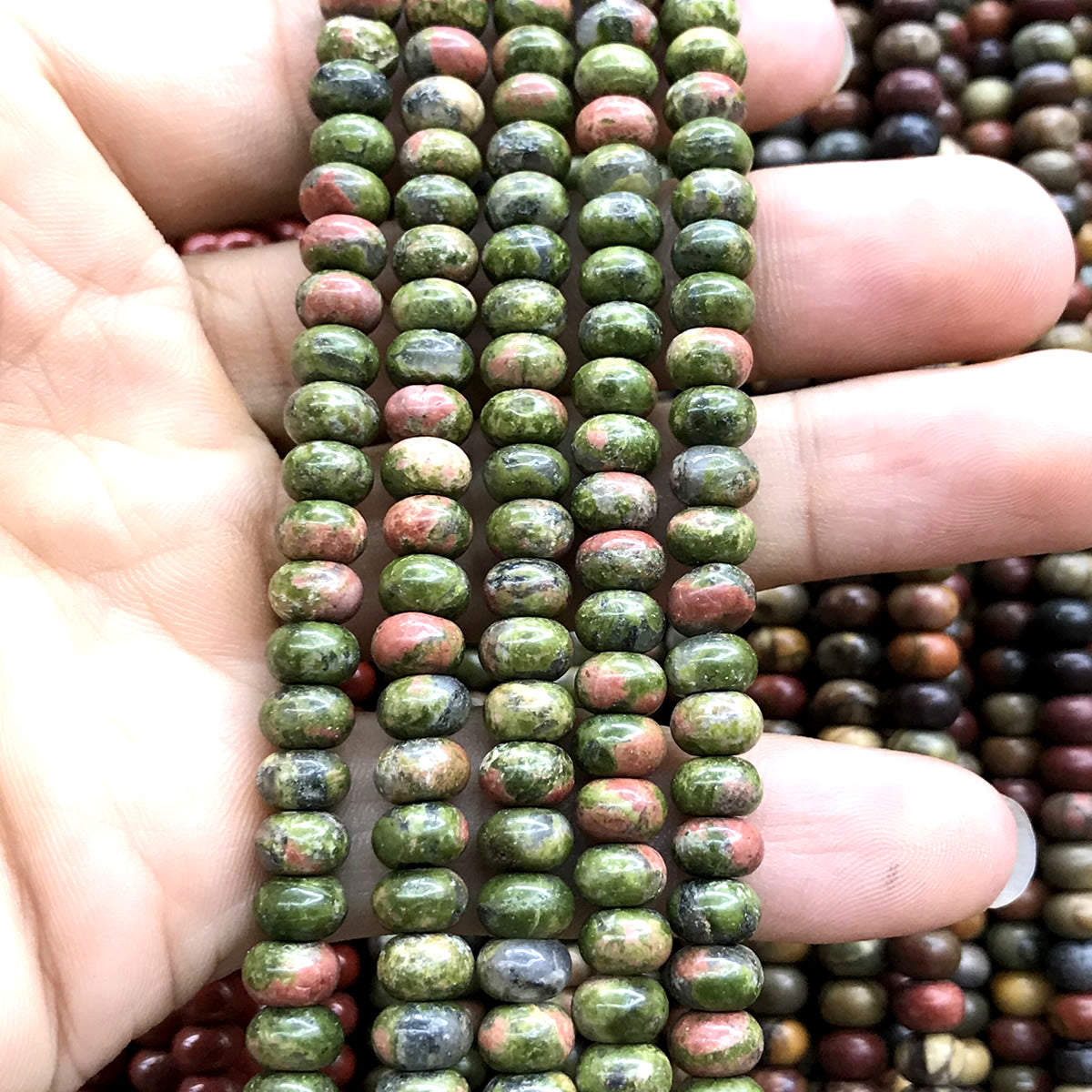 CRB218 Unakite Gemstone Beads Smooth Rondelle 4x6mm 15" Strand