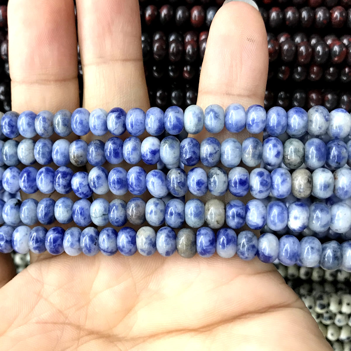 CRB220 Blue Spot Stone Beads Smooth Rondelle 4x6mm 15" Strand