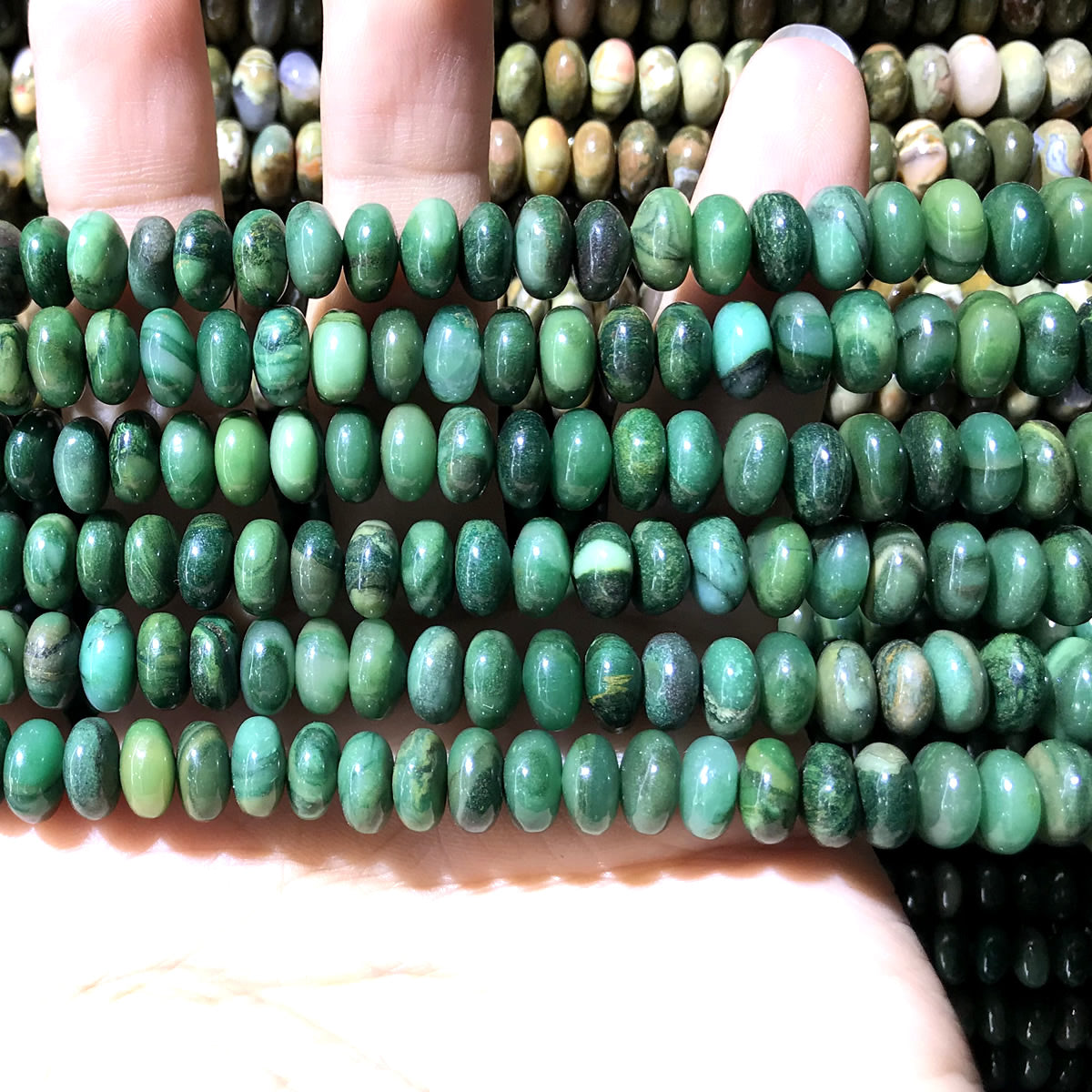 CRB289 Green Jasper Beads Smooth Rondelle 5x8mm 15" Strand