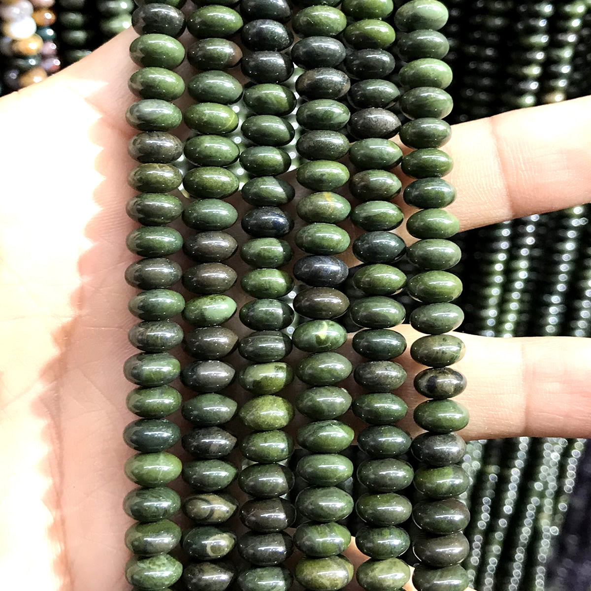 CRB290 Bronze Green Stone Beads Smooth Rondelle 5x8mm 15" Strand