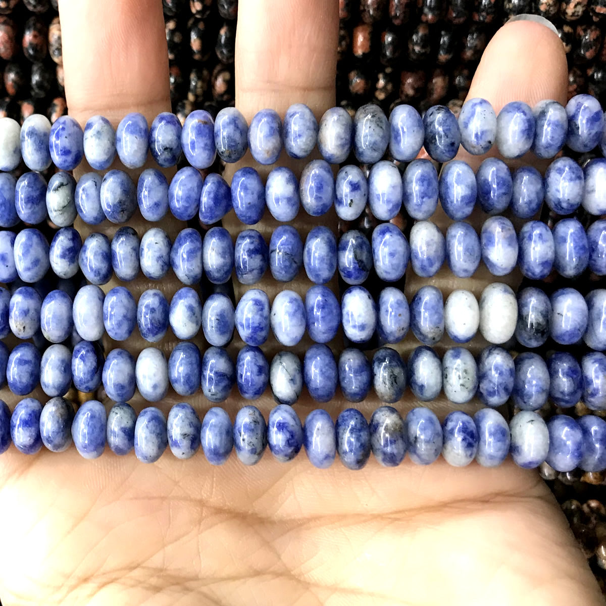 CRB295 Blue Spot Stone Beads Smooth Rondelle 5x8mm 15" Strand