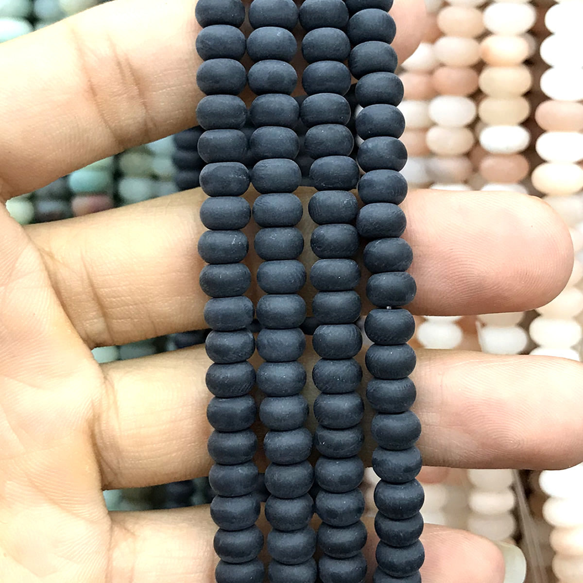 CRB309 Black Agate Beads Matte Rondelle 4x6mm 15" Strand