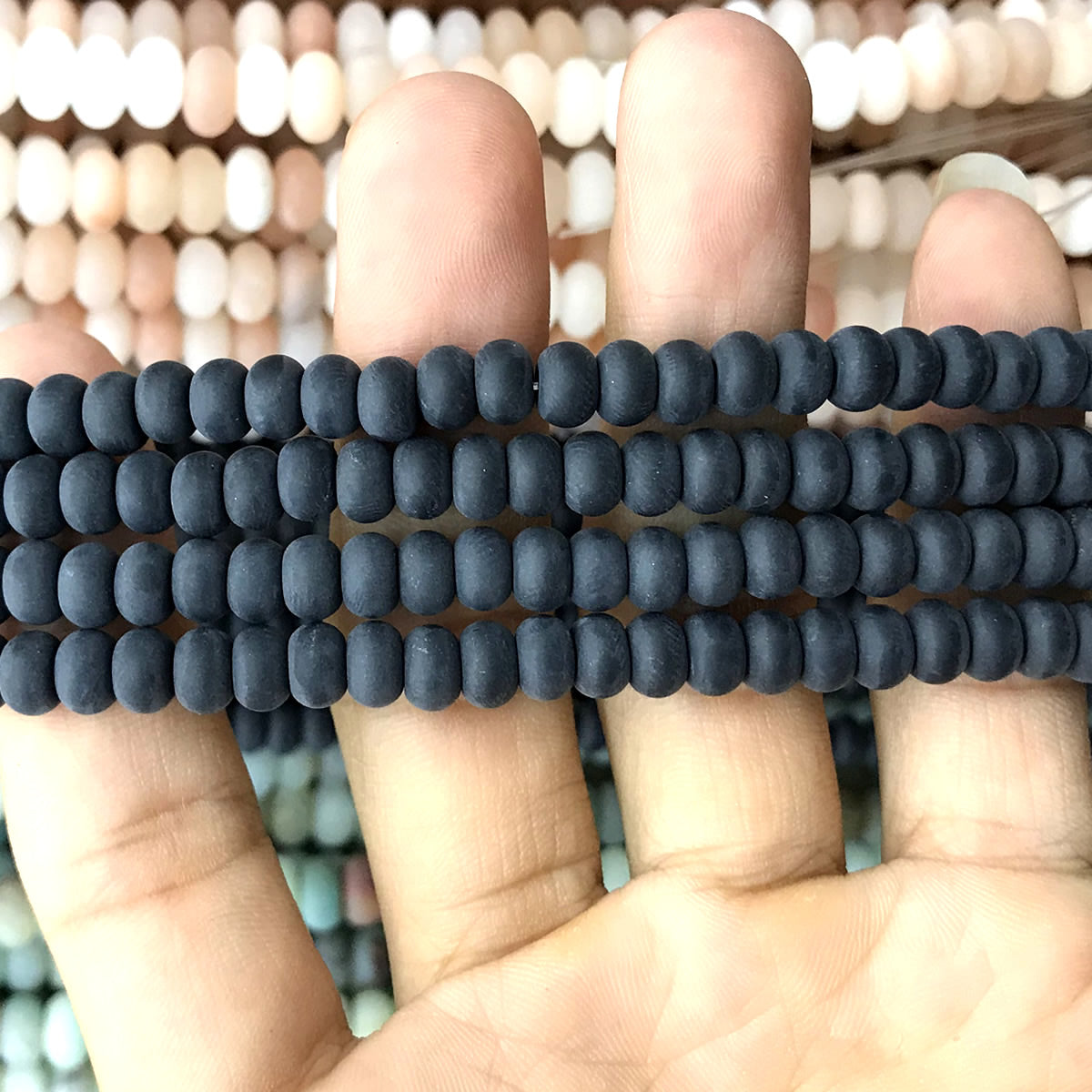 CRB309 Black Agate Beads Matte Rondelle 4x6mm 15" Strand