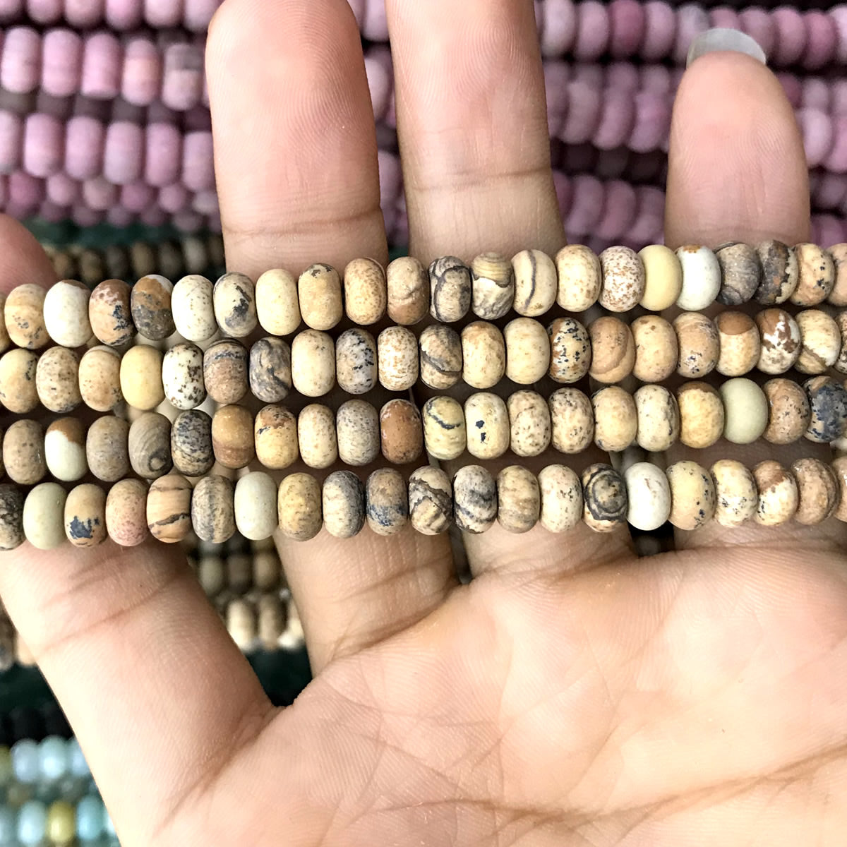 CRB315 Picture Jasper Beads Matte Rondelle 4x6mm 15" Strand