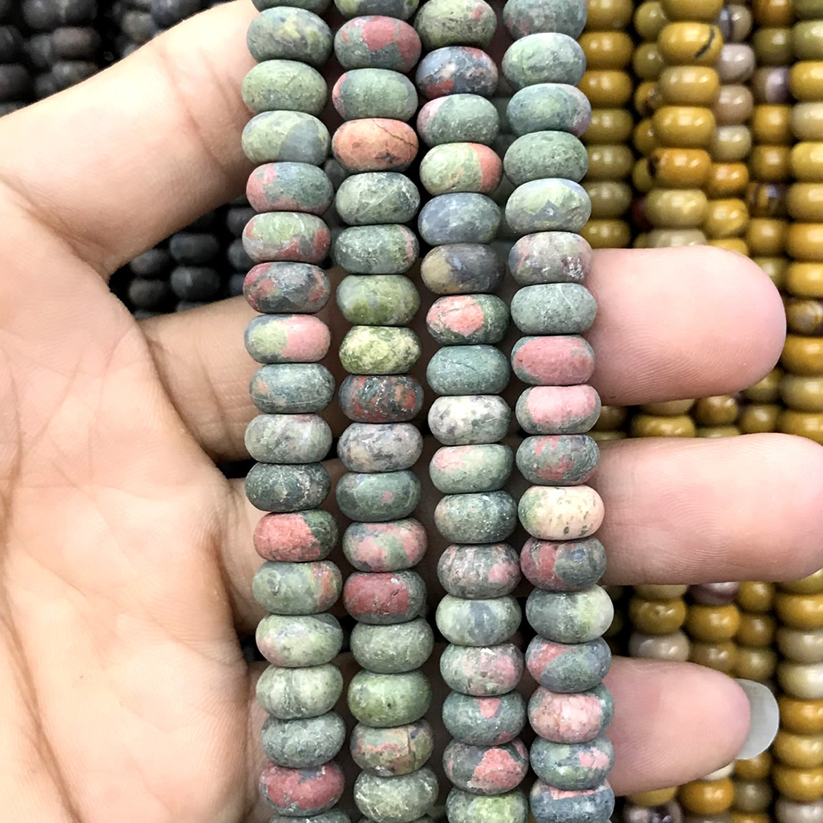 CRB325 Unakite Gemstone Beads Matte Rondelle 4x6mm 15" Strand