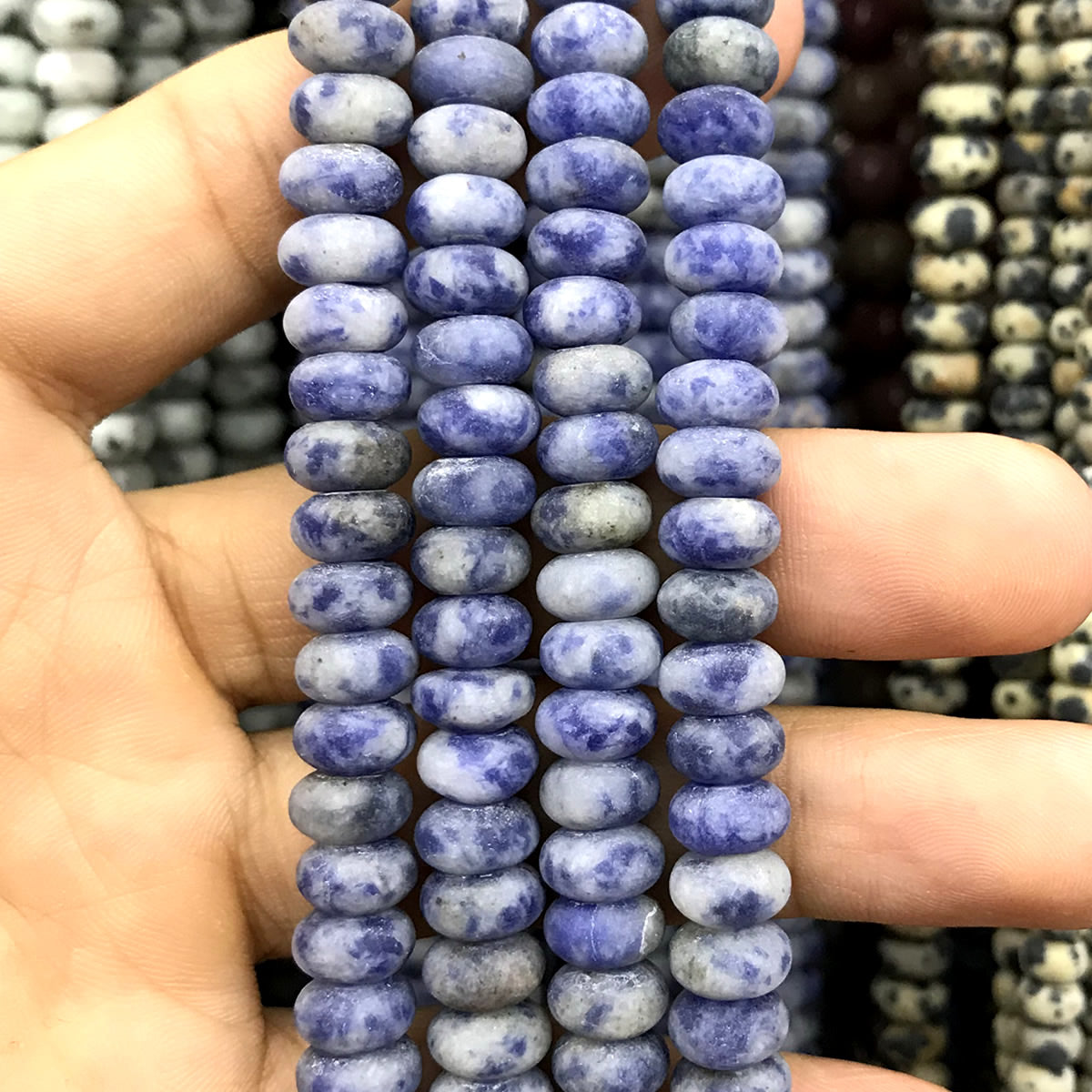 CRB335 Blue Spot Stone Beads Matte Rondelle 5x8mm 15" Strand