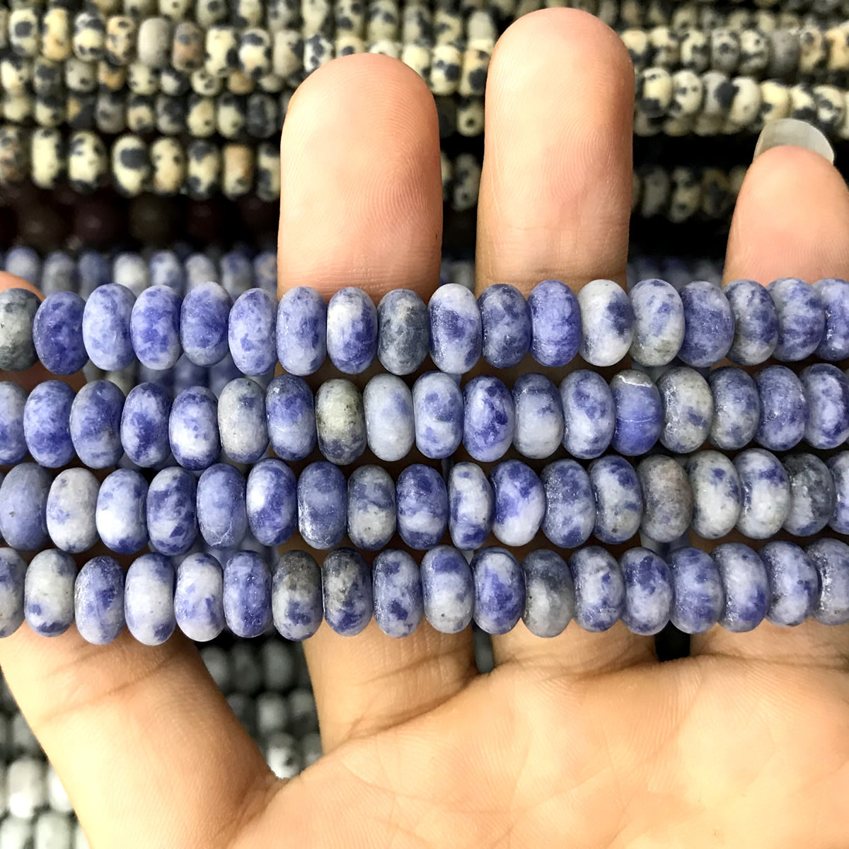 CRB335 Blue Spot Stone Beads Matte Rondelle 5x8mm 15" Strand