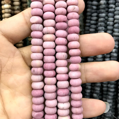 CRB345 Pink Wood Jasper Beads Matte Rondelle 5x8mm 15" Strand