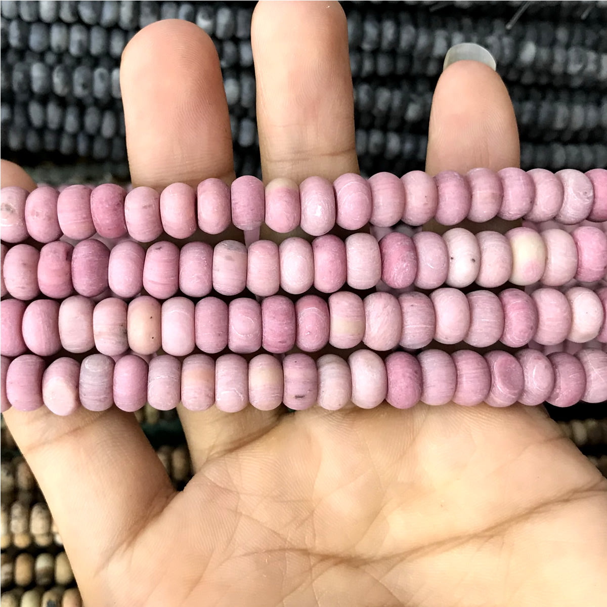 CRB345 Pink Wood Jasper Beads Matte Rondelle 5x8mm 15" Strand