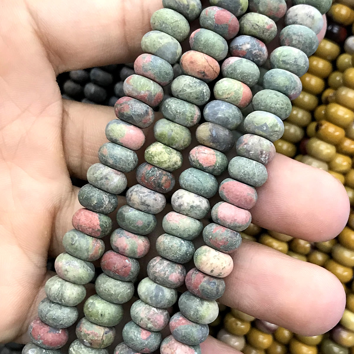 CRB346 Unakite Gemstone Beads Matte Rondelle 5x8mm 15" Strand