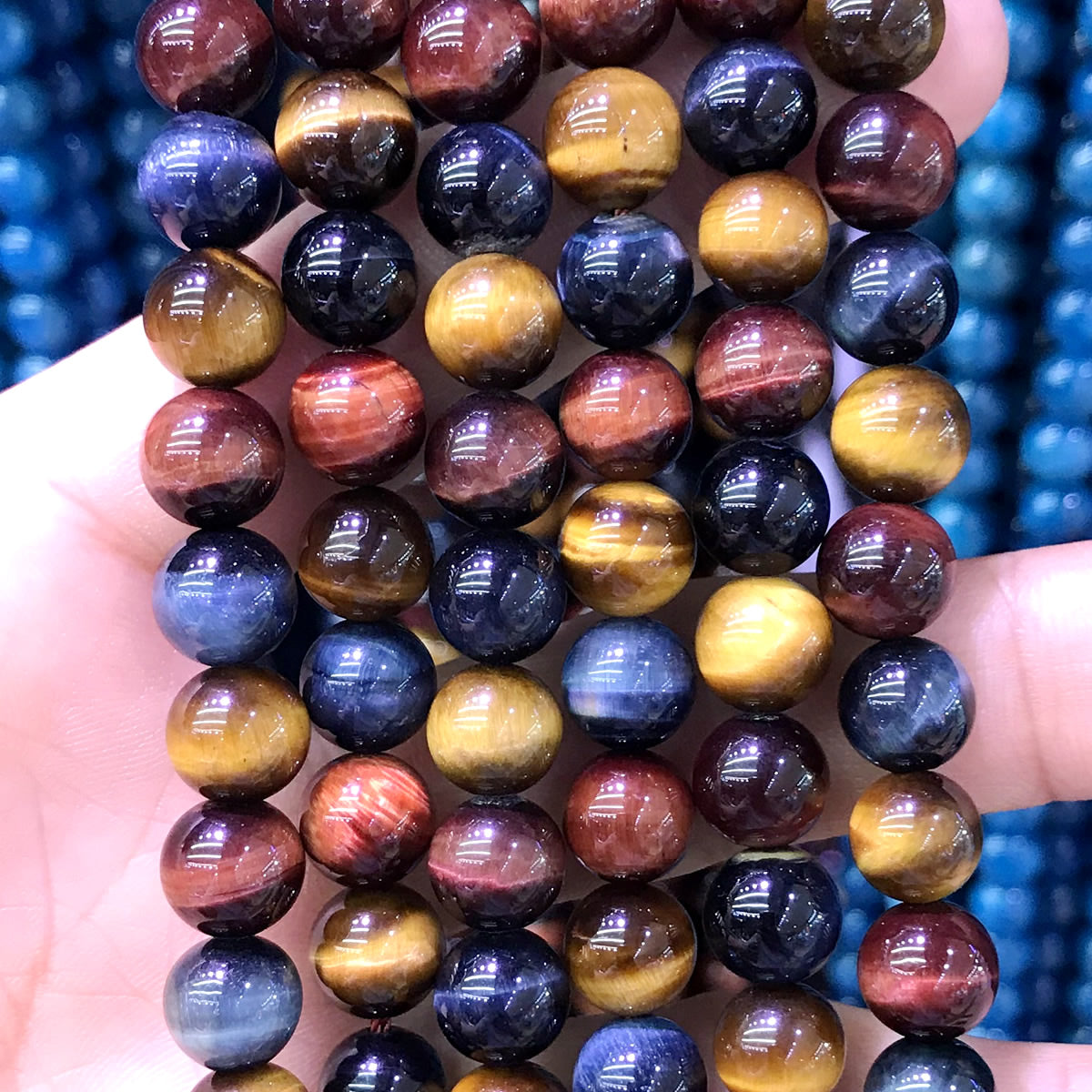 CTE121 Grade A+ Colorful Tiger Eye Beads Smooth Round 12mm 15" Strand