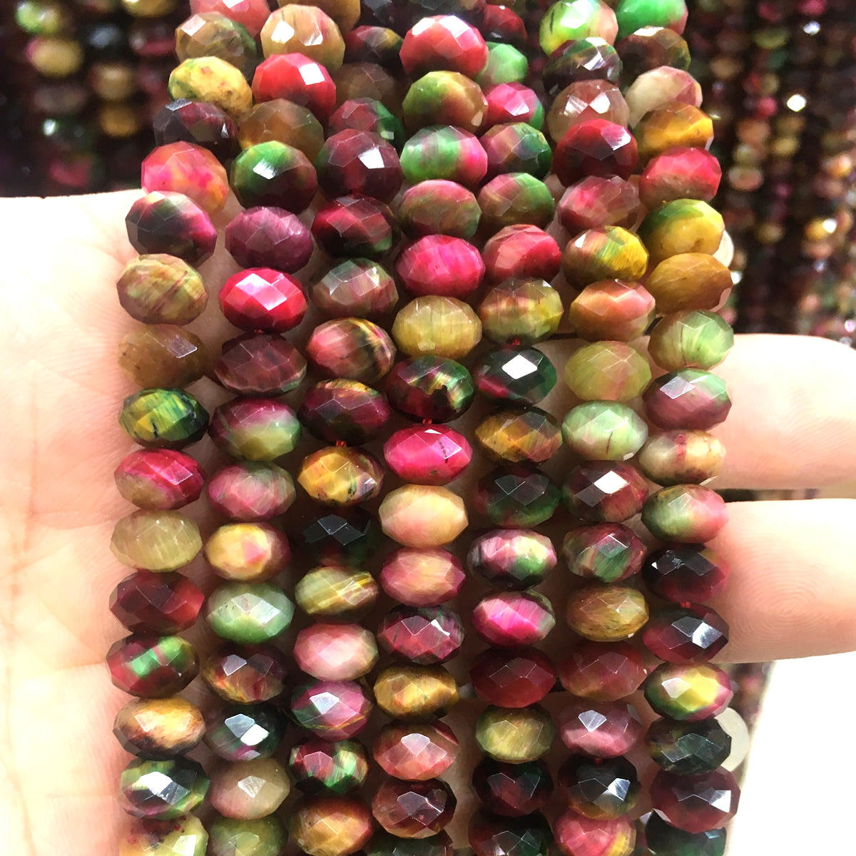 CTE247 Rainbow Tiger Eye Beads Faceted Rondelle 5x8mm 15" Strand