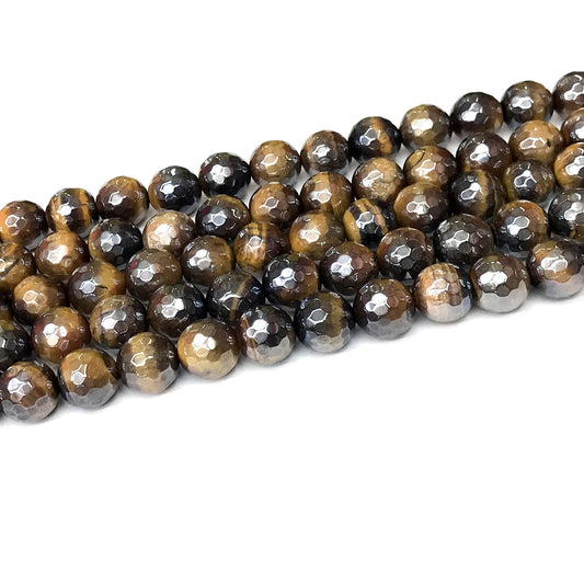 CTE257 Yellow Tiger Eye Beads Electroplated Faceted Round 10mm 15" Strand